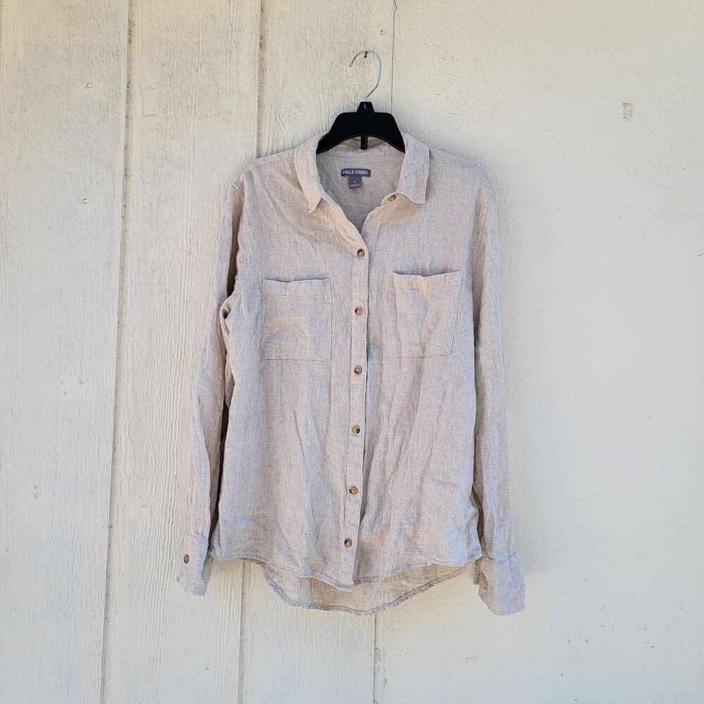 Falls Creek Linen Blend Button Up Shirt Womens Sz S Beige Neutral Casual Beachy